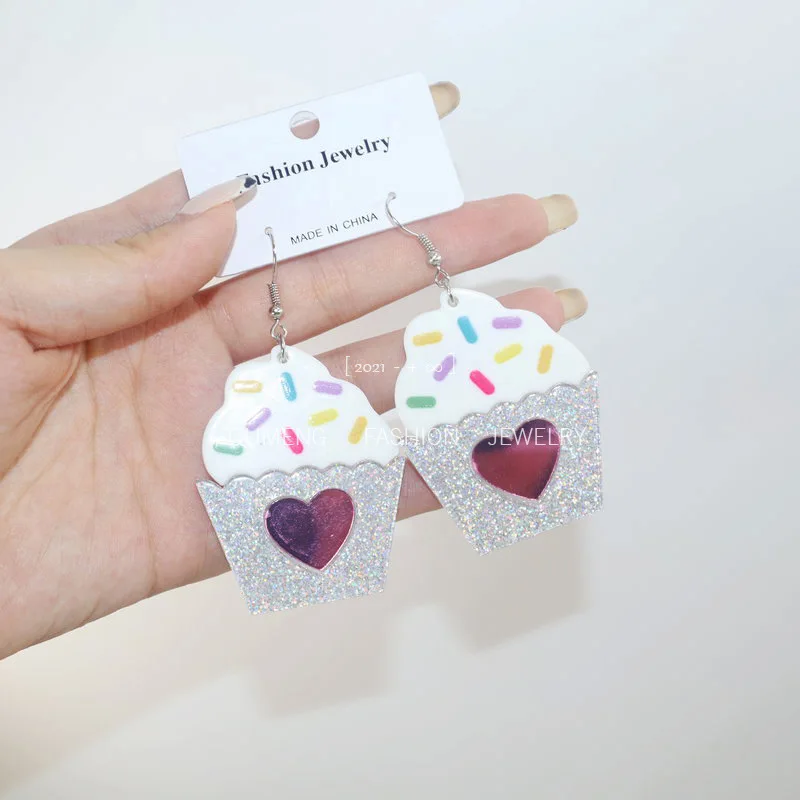 

Cute Heart Ice Cream Acrylic Shiny Earrings for Women Korean Fashion Kawaii Food Geometric Drop Colorful Woman Earring Girl Gift