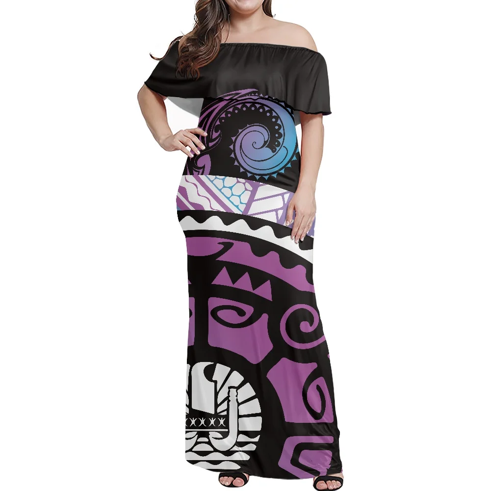 

Women's Casual Bodycon Dress Polynesian Traditional Tribal Totem Print Summer Short Sleeve Off The Shoulder Ruffled Maxi Dress