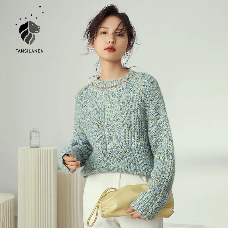

FANSILANEN Hollow Out Polka Dot Knit Sweater Women Autumn Winter Casual Round Neck Yellow Pullover Female Blue Commuter Sweaters