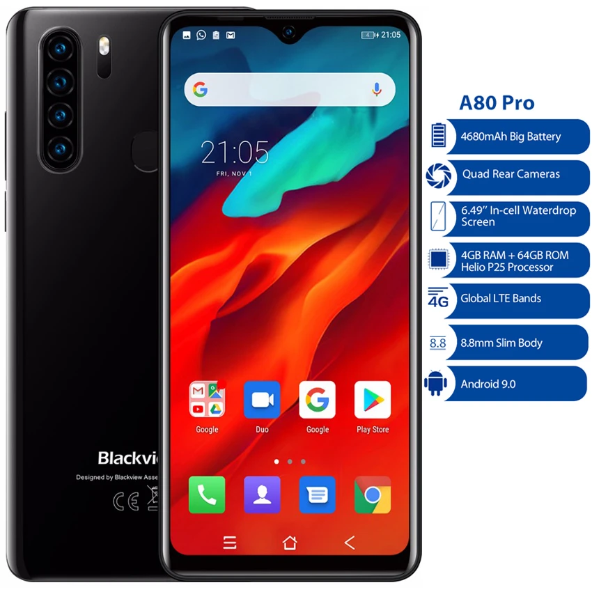 Смартфон Blackview A80 Pro 4 + 64 ГБ Android 9 0 8 ядер 6 49 дюйма 4G|Смартфоны| |
