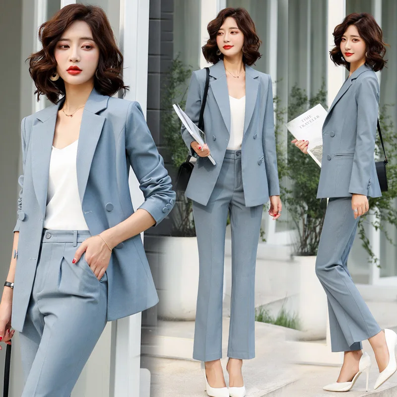 

spring pants suits women's Formal temperament long sleeve blazer and pants for office lady business work wear blue black apricot