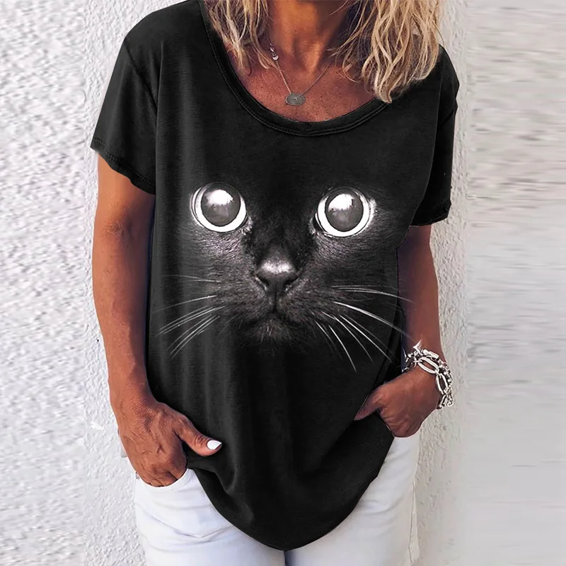 

2021 Summer V Neck Cartoon Black Cat Kawaii Women T-Shirt Fashion Pullover Solid Color Short Sleeve Loose Tops