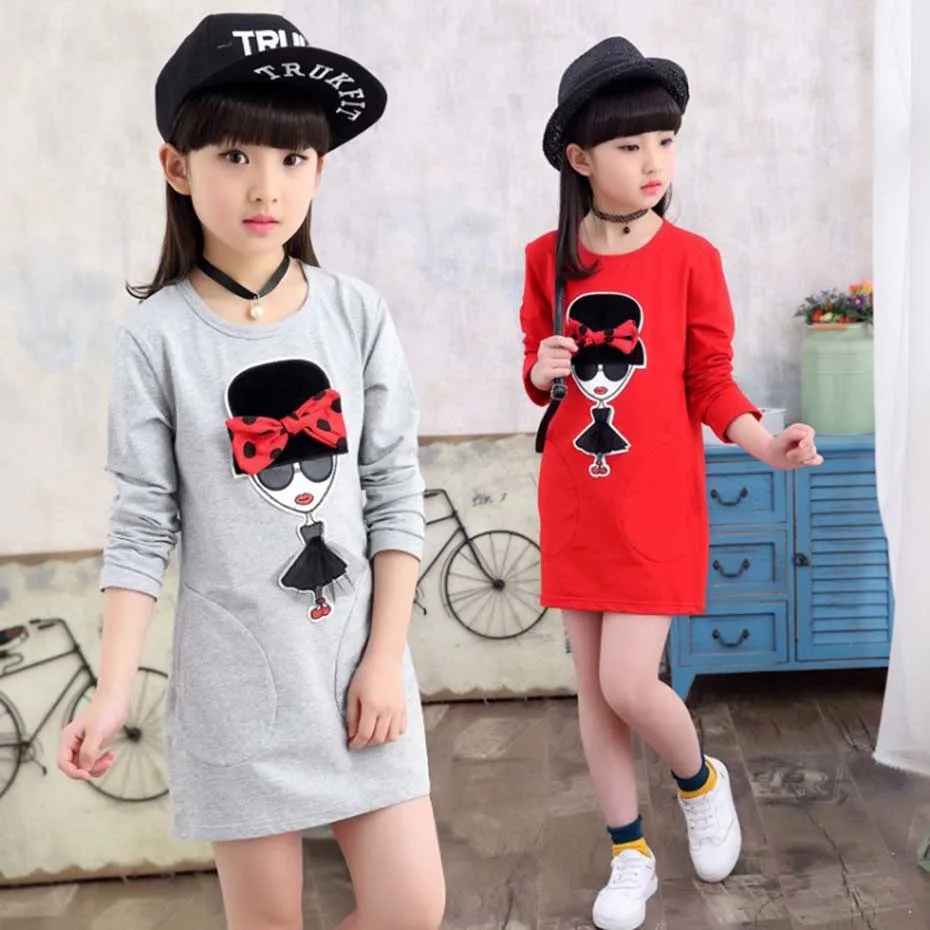 Kids Dresses For Girls Cartoon Patch Dress Dot Bow Party Girl Spring Autumn Cute Clothes 6 8 10 12 14 Year | Детская одежда и