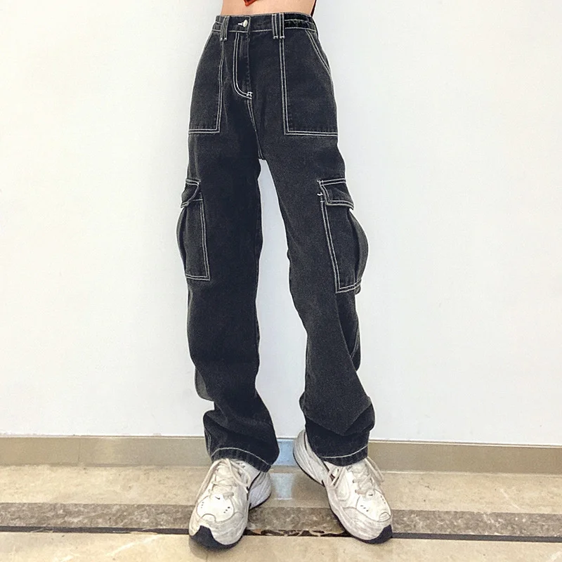 

DenimColab Pockets Patchwork Baggy Straight Pants Jeans Women Fashion 100% Cotton Open Line Cargo Jeans Ladies Casual Trousers