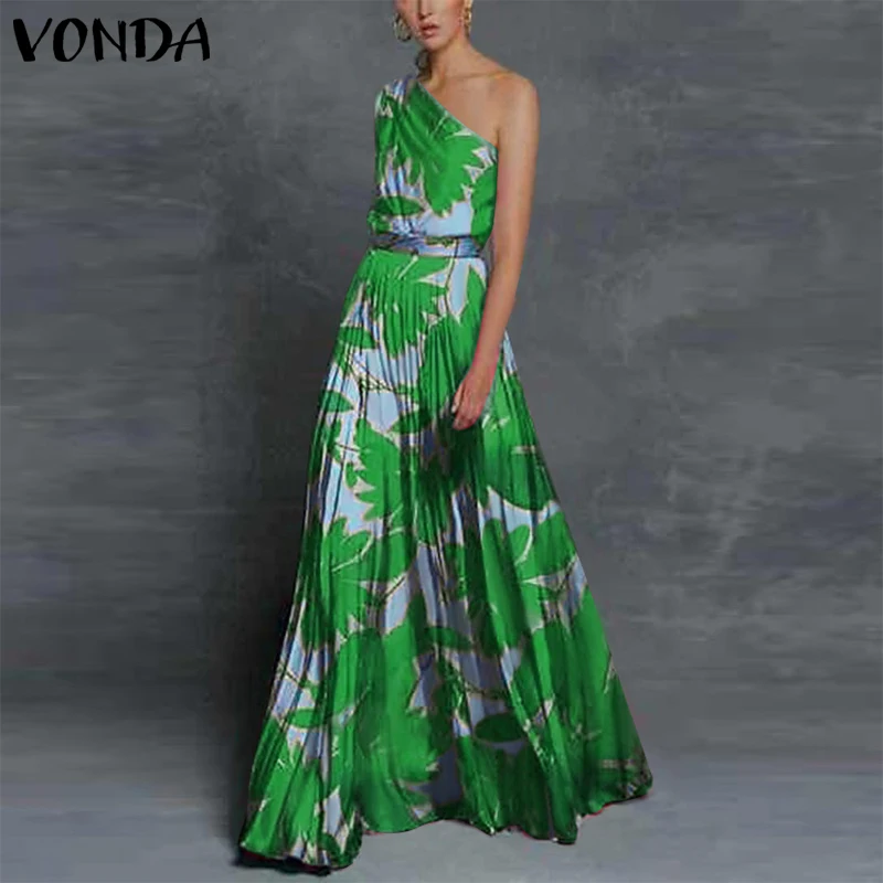 

One Shoulder Dress Women Zippe Floral Print Party Long Maxi Dresses 2022 VONDA Summer Beach Sundress Baggy Vestido