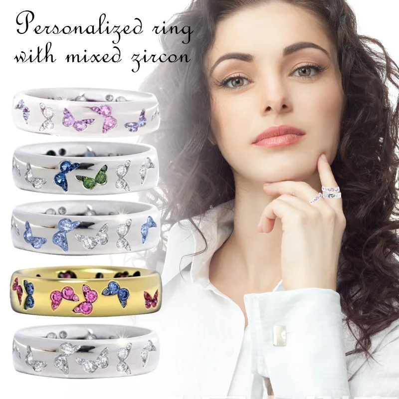 Инкрустированное кристаллом кольцо в виде бабочки разноцветное женское