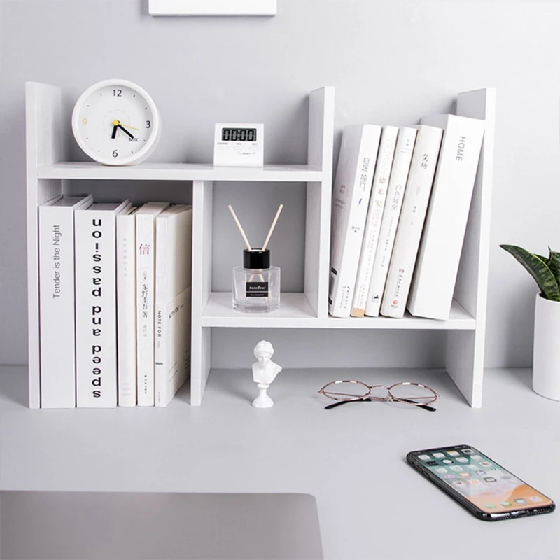 

Wood Desktop Bookshelf Adjustable Storage Rack Countertop Bookcase Office Supplies Desk Organizer Display Stand Shelfs