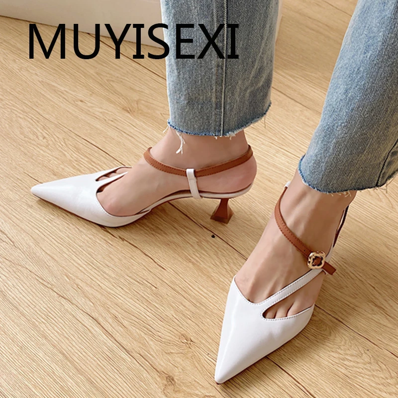 Туфли женские с ремешком на пятке 6 см заостренный носок высокий каблук красивая