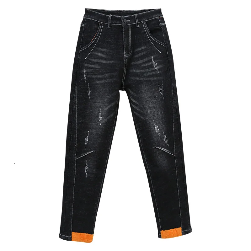 Женские зимние джинсы-бойфренды модные пикантные однотонные флисовые шаровары