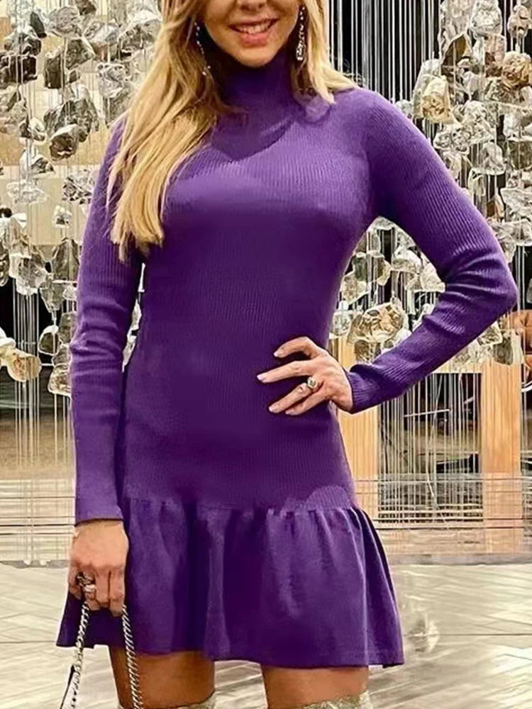 

PUWD Casual Women Turtleneck Draw Back Dress 2021 Autumn Fashion Ladies High Street Vintage Dress Female Solid Color Dress