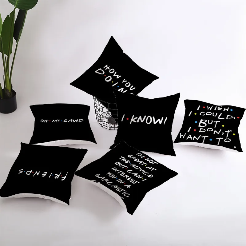 

Friends Peach Leather Pillowcase Black Letter Pillow Cover Square Office Sofa Cushion Cover Linen Pillow Cover Home Decoration