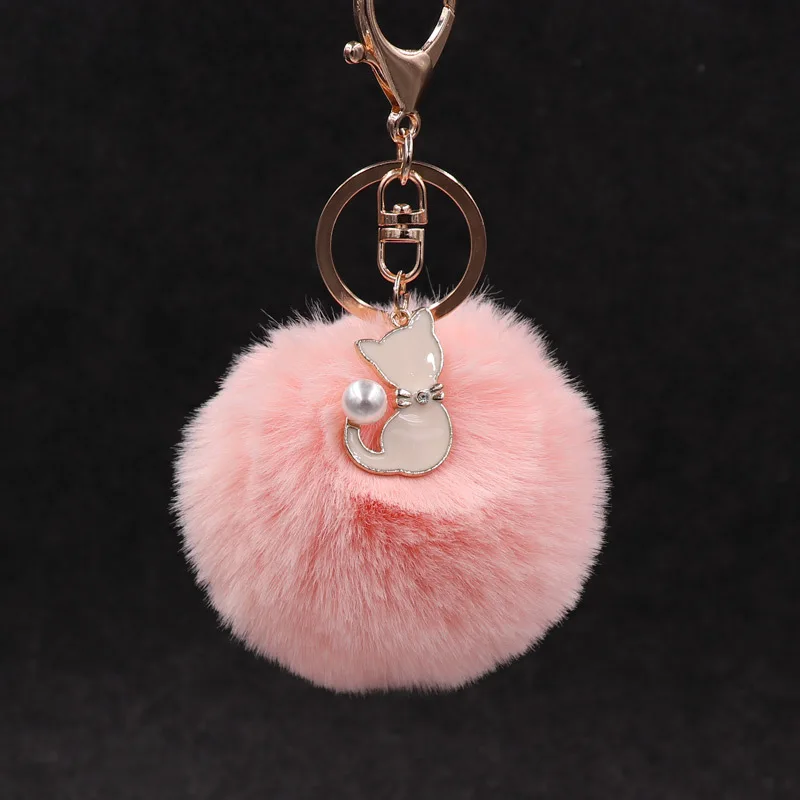 

Cute Pink Keychain Pearl Cat Keychain Ladies Pompom Key Ring Fluffy Pompom Key Ring Car Bag Charm Valentine's Day Gift