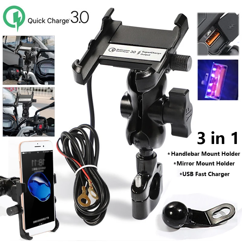

For QC3.0 Phone Holder Motorcycle Bracket Aluminum Alloy Black DC12-24V Waterproof