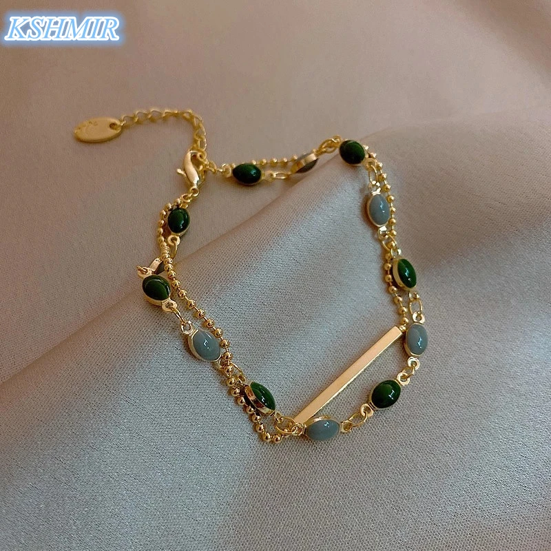 

French Retro Romantic Double Metal Gold Bracelet For Woman 2020 New Fashion Jewelry Party Unusual Oval Green Crystal Bracelet