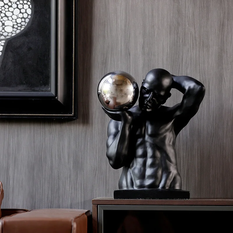 

Modern Hotel Lobby Soft Decor Artwork Black Resin Hercules Weightlifting Statue Decoration Home Living Room Character Ornaments