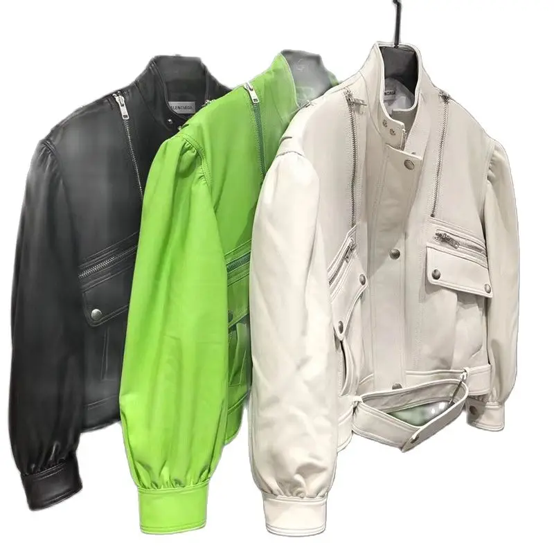 Chaqueta de cuero auténtico para motocicleta, abrigo de piel de oveja importada de Nueva Zelanda con mangas de burbujas