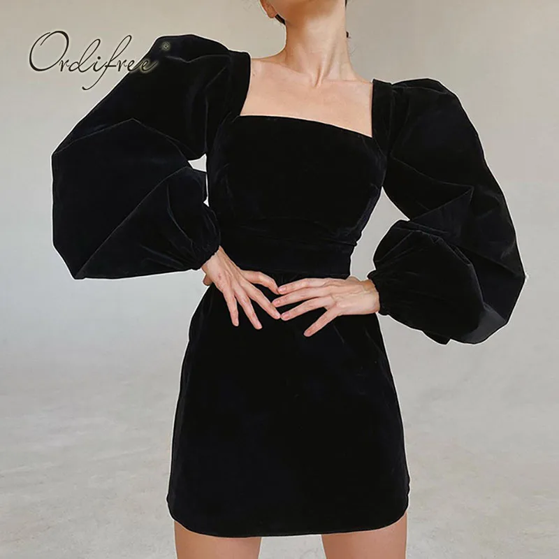

Ordifree 2022 весеннее женское бархатное платье с длинным пышным рукавом и открытой спиной, черное сексуальное Клубное платье, женское вечернее м...