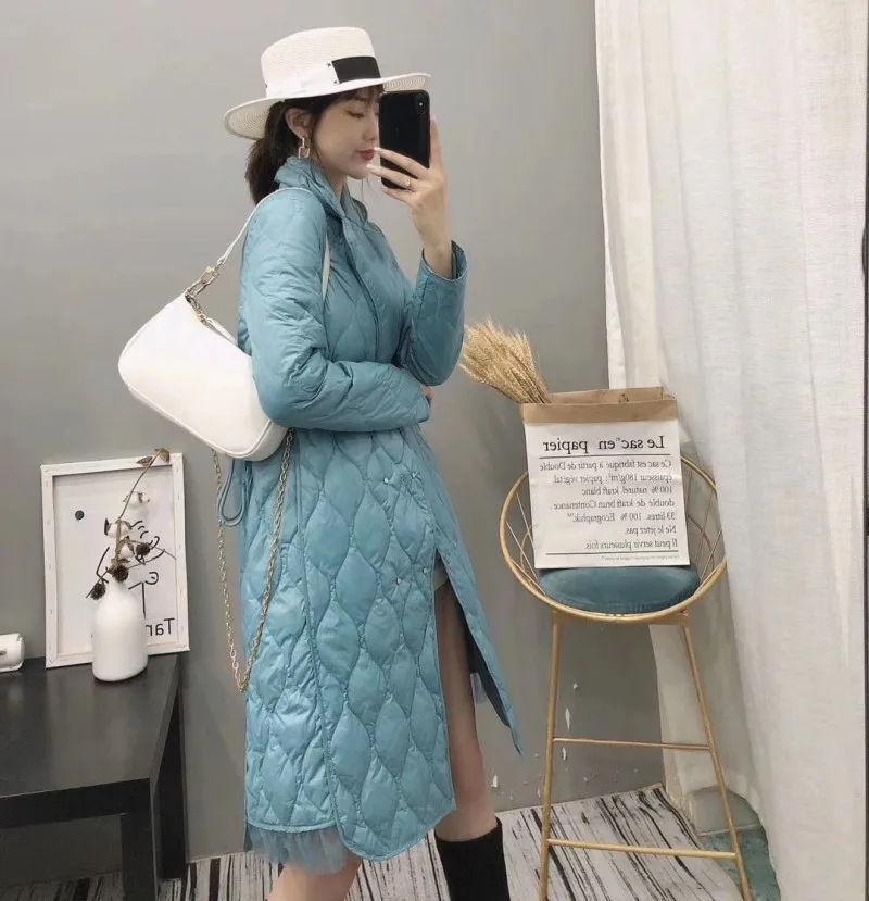 

FTLZZ 2020 New Autumn Winter Women Ultra Light Long Down Parka Windproof Notched Collar Double Breasted Warm Down Jacket Outwear