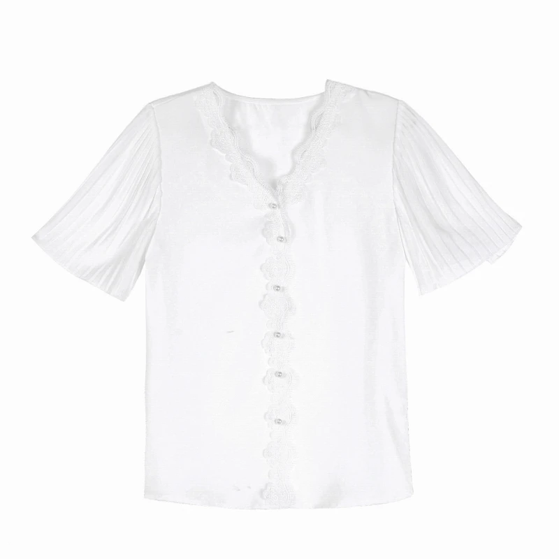 

Pullover Shirt Short-Sleeved Women's Blouse 2020 Summer New Chiffon Shirt Shorts Sleeve Lace Solid V-neck Chiffon Shirt 211E