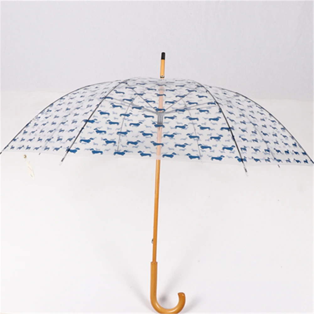 SHOWERSMILE Transparent Umbrella Rain Women Wooden Handle Parasol Dog Print Fashion Ladies Hanging Brand Adult Guarda Chuva - Цвет: blue