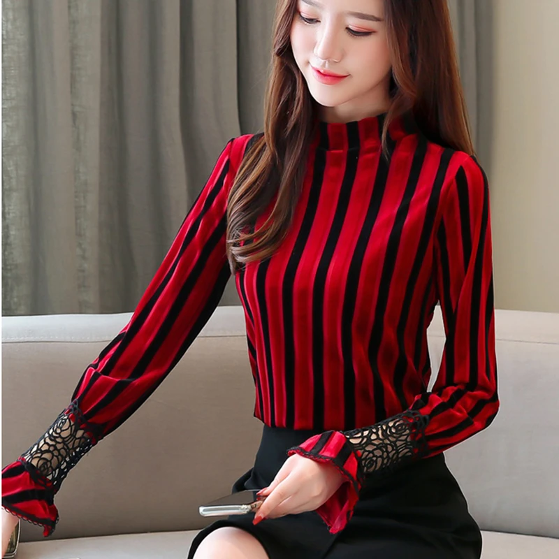 Осенние женские блузки корейская мода женская полосатая рубашка большие размеры