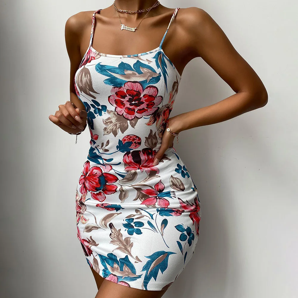 

WEPBEL Backless Spaghetti Strap Dress Women's Sexy Floral Print Slim High Waist Dress Summer Casual O-Neck Mini Dress