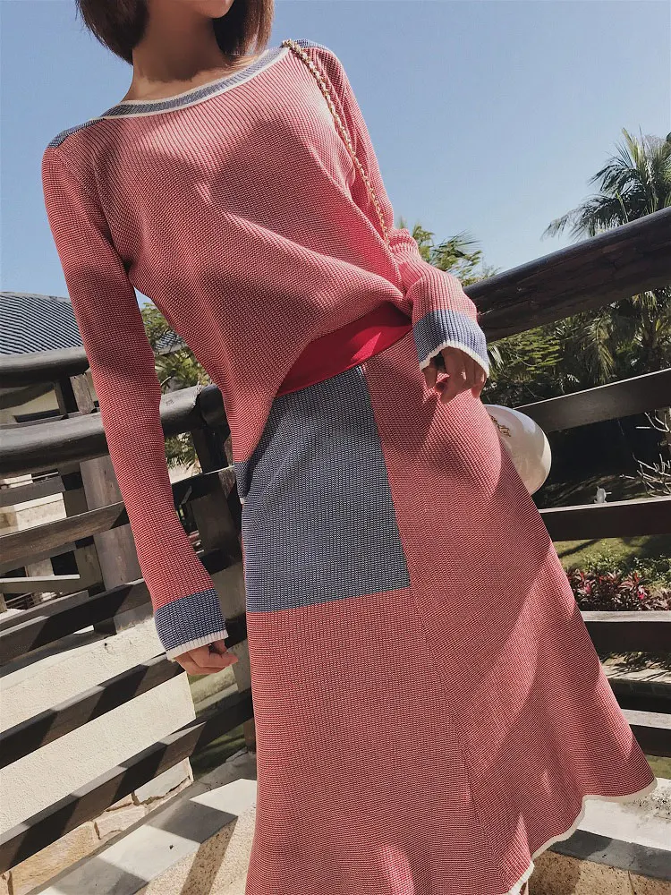 Вязаный комплект из двух предметов 2019 Осенний укороченный пуловер с круглым