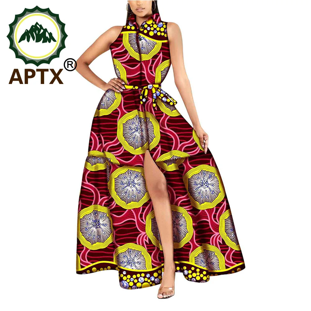 Bazin Rich Africa Party Dress Elegant Split Dresses  Africa Floral Print Femme Robe Vestidos Attire Wear