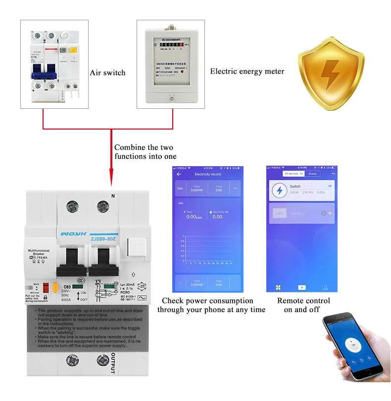 Wifi Smart RCBO выключатель остаточного тока с контролем энергии совместим с Alexa, Google Home для умного дома RS485