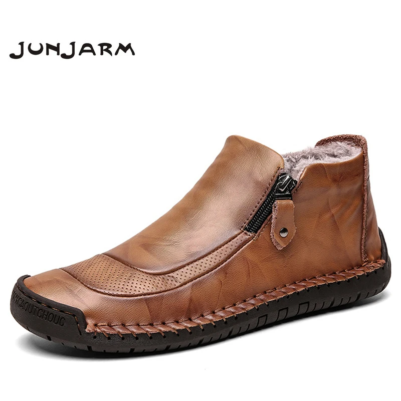 Мужские ботинки ручной работы JUNJARM черные кожаные ботильоны на молнии теплые