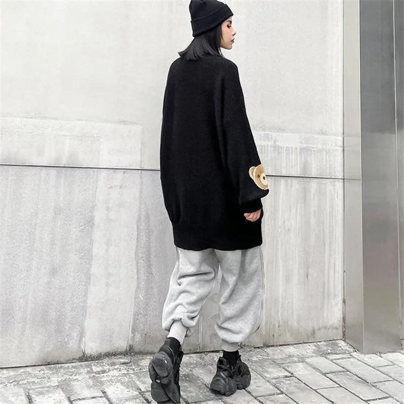 

Oversized Sweaters Women Bear Mid-length Fall Winter Loose Thick Sweater Flocking Kawaii Korean Plus Size Pullovers knitted tops