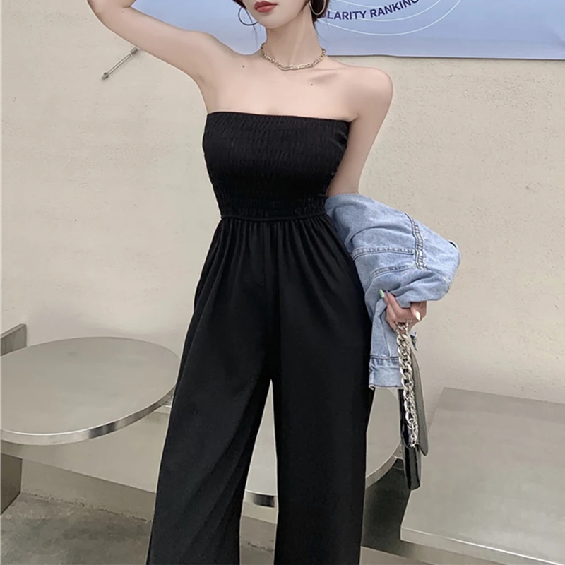 

Solid Strapless Pleated Jumpsuits Women Fashion Temperament Slim Rompers Woman Sexy Hottie Waisted Jumpsuits Ladies Summer 2021
