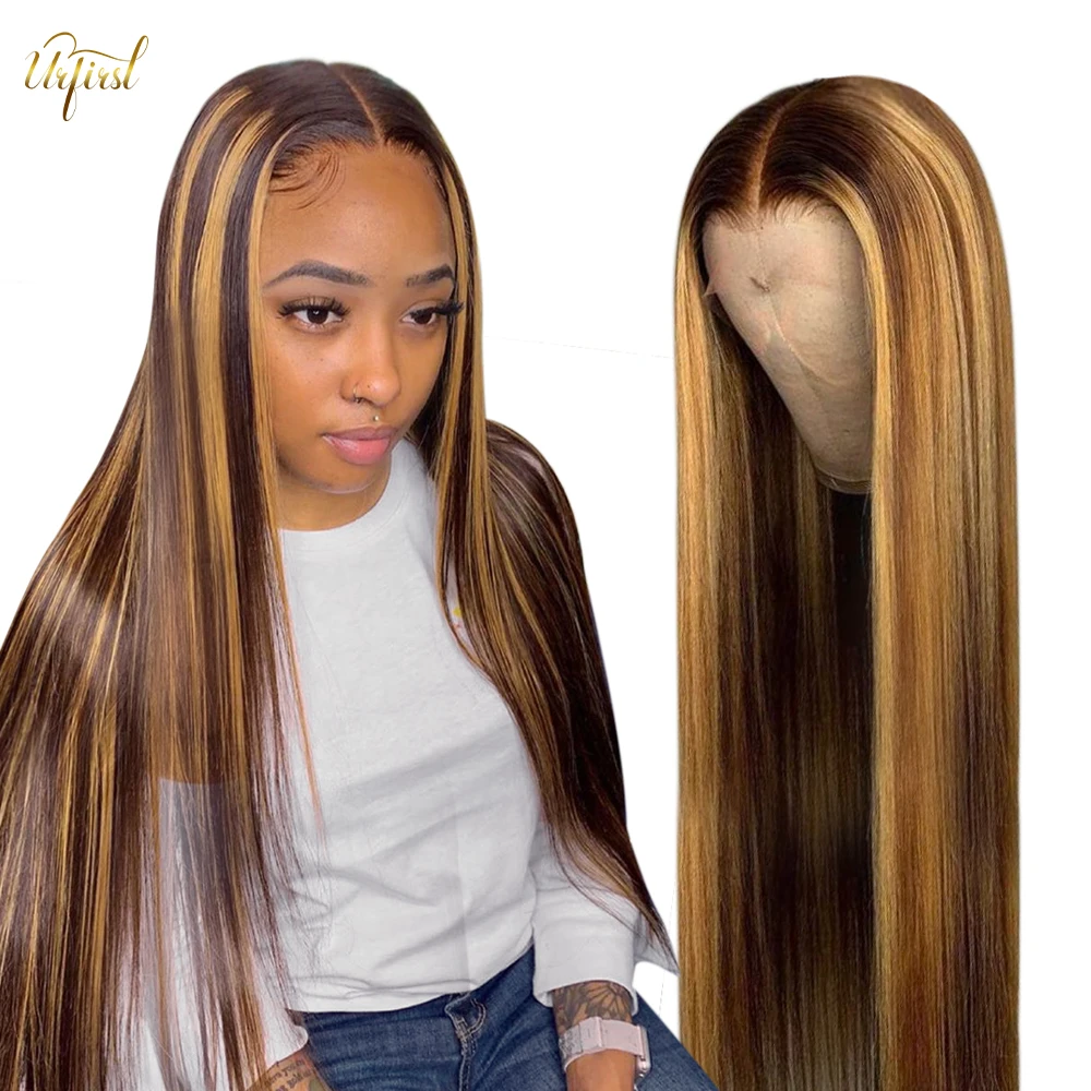 Highlight Wig Straight Ombre Wig Brazilian Transparent Lace Front Human Hair Wigs For Black Women P4/27 Middle T Part Wig Remy