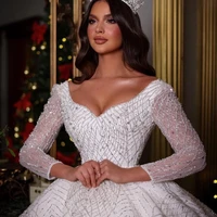 v neck princess ball gown wedding dresses glitter lace sequined robe de mariage muslim vintage vestido de novia 2022
