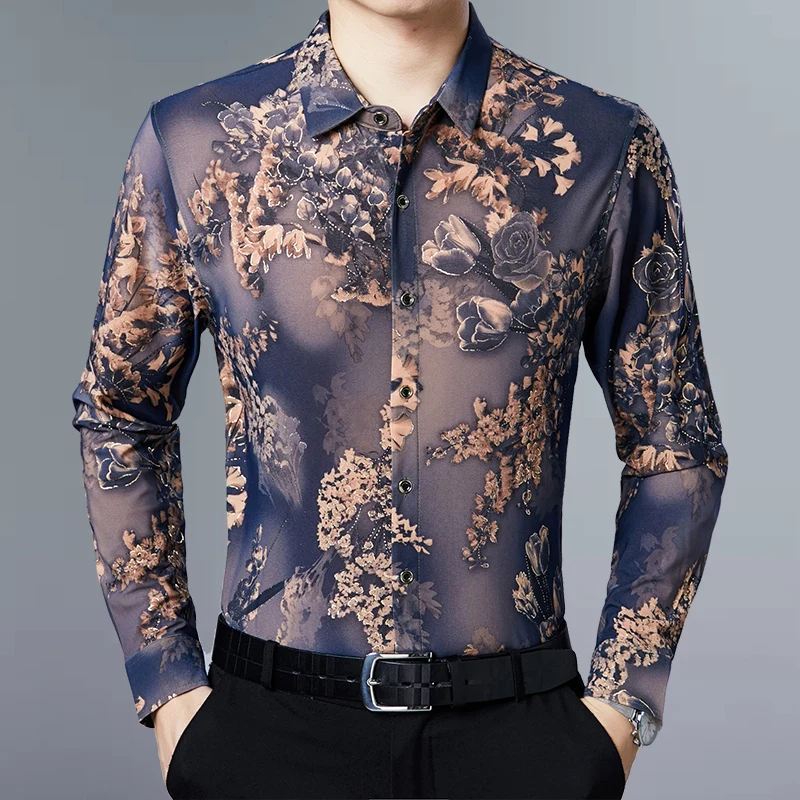 Мужские рубашки с цветочным принтом бирюзовые в стиле барокко длинным рукавом