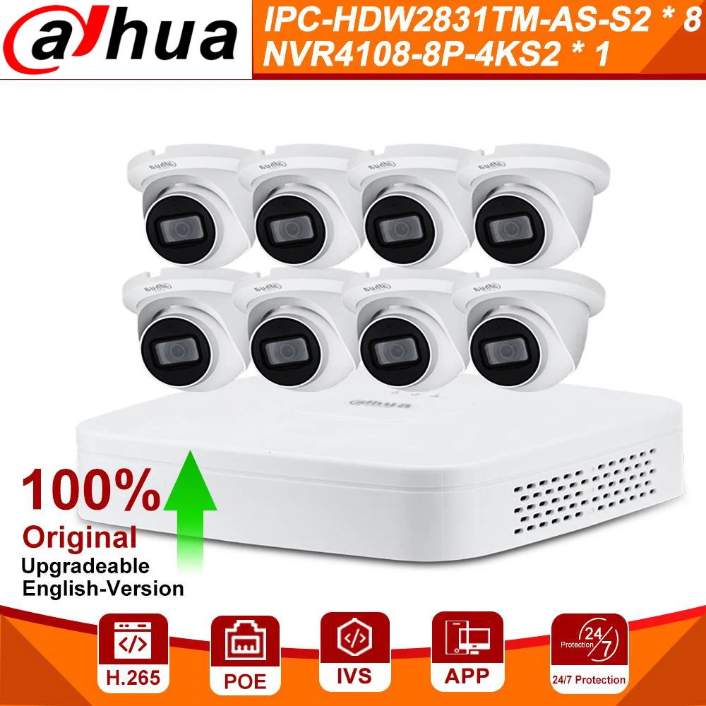 

Dahua Original 4K Security Camera System Kits 8MP IPC-HDW2831TM-AS 8CH POE NVR4108-P-4KS2 Surveillance P2P System Remote View