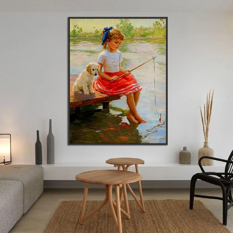 Diy digital painting creative little girl and small animal hand-painted decompression decorative | Дом и сад