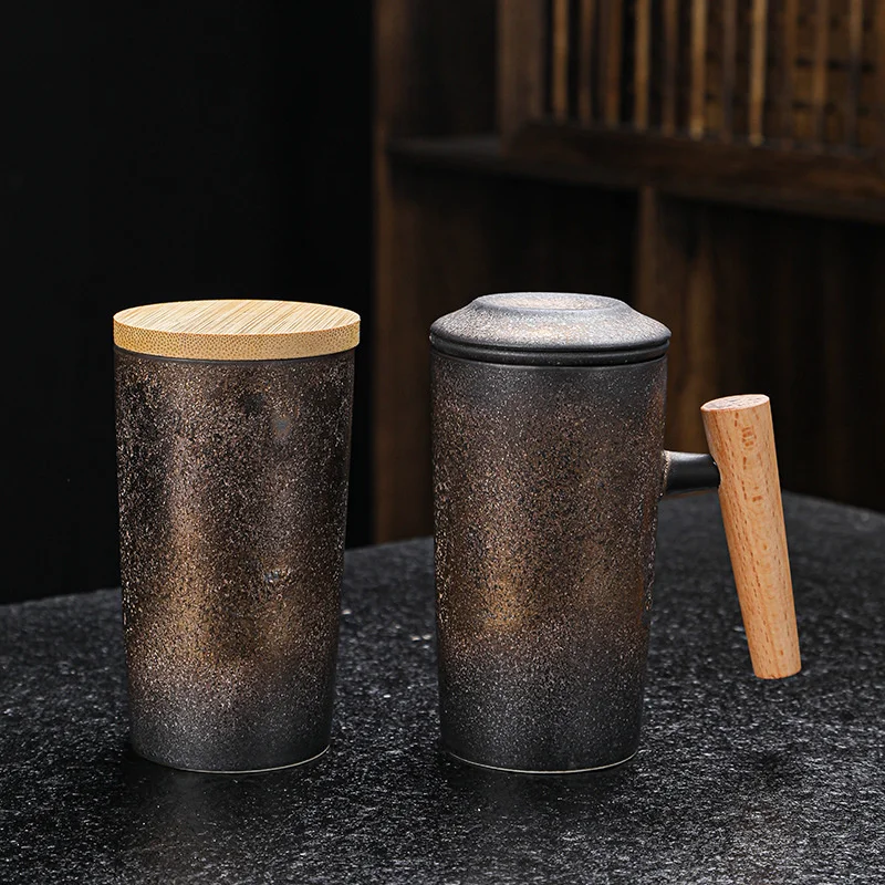 

260 мл керамическая чайная чашка, кофейная чашка, чашка для молока с деревянной ручкой, бамбуковое покрытие, большая емкость, многофункциональная чашка с фильтром для чая, кофейные кружки