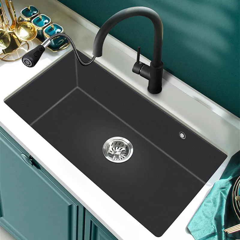 

Kitchen Stainless Steel Sink Vegetable Washing Basin, Dishwashing Basin Household Table Large Single Tank Black Set 780x430mm