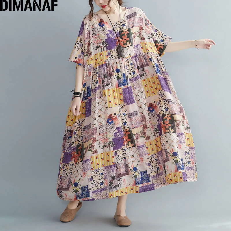 

Женское пляжное платье с цветочным принтом DIMANAF, длинный хлопковый сарафан большого размера 5XL, 6XL, 7XL, для лета, 2021