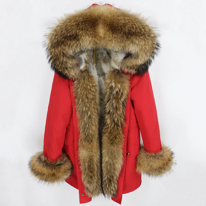 OFTBUY, водонепроницаемая парка, натуральное меховое пальто, зимняя куртка для женщин, воротник из натурального меха енота, капюшон, подкладка из натурального кроличьего меха, съемная - Цвет: red natural