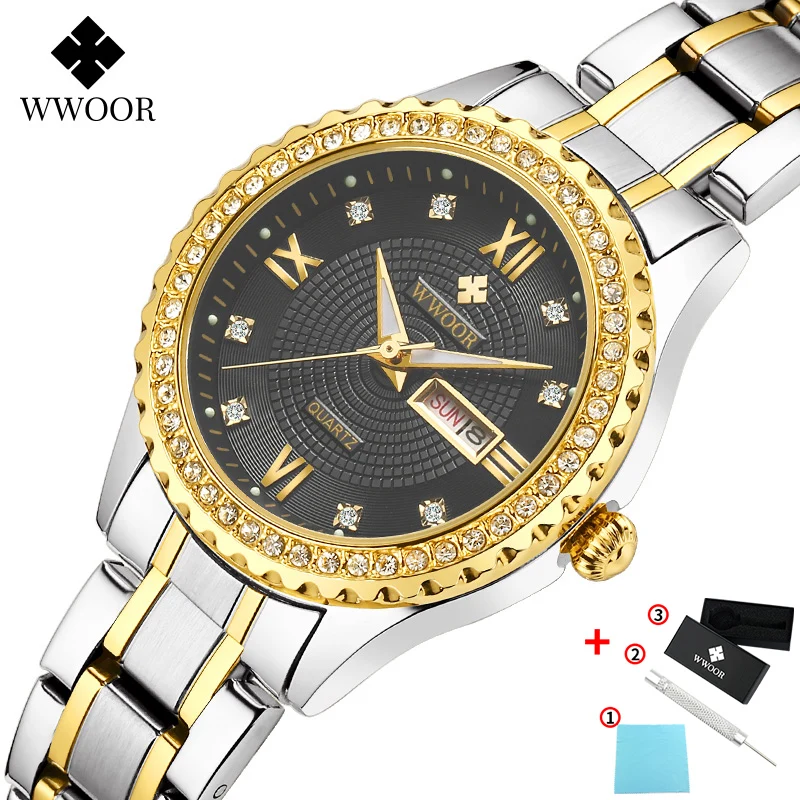 sliver black WWOOR, новинка, женские часы-браслет с бриллиантами, водонепроницаемые женские часы из нержавеющей стали, модные кварцевые часы для женщин, Reloj Mujer - Цвет: sliver black
