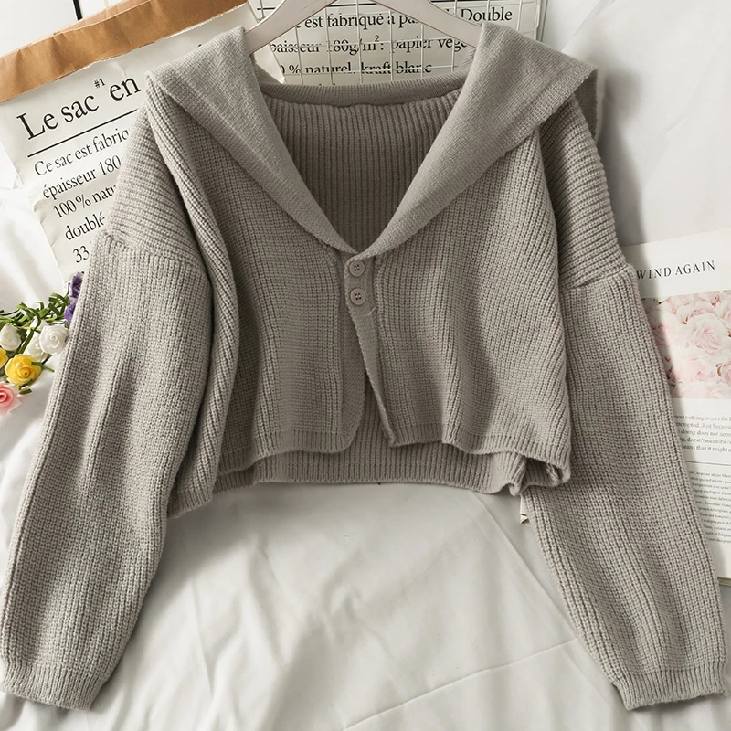 

ABRINI Solid Short Sailor Collar Sweater Cardigan Women 2021 Autumn New Lantern Sleeve Loose Hoodies Cardigans