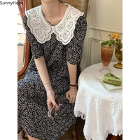 doll collar floral dress female 2021 summer korean version loose temperament sweet short sleeved midi skirt