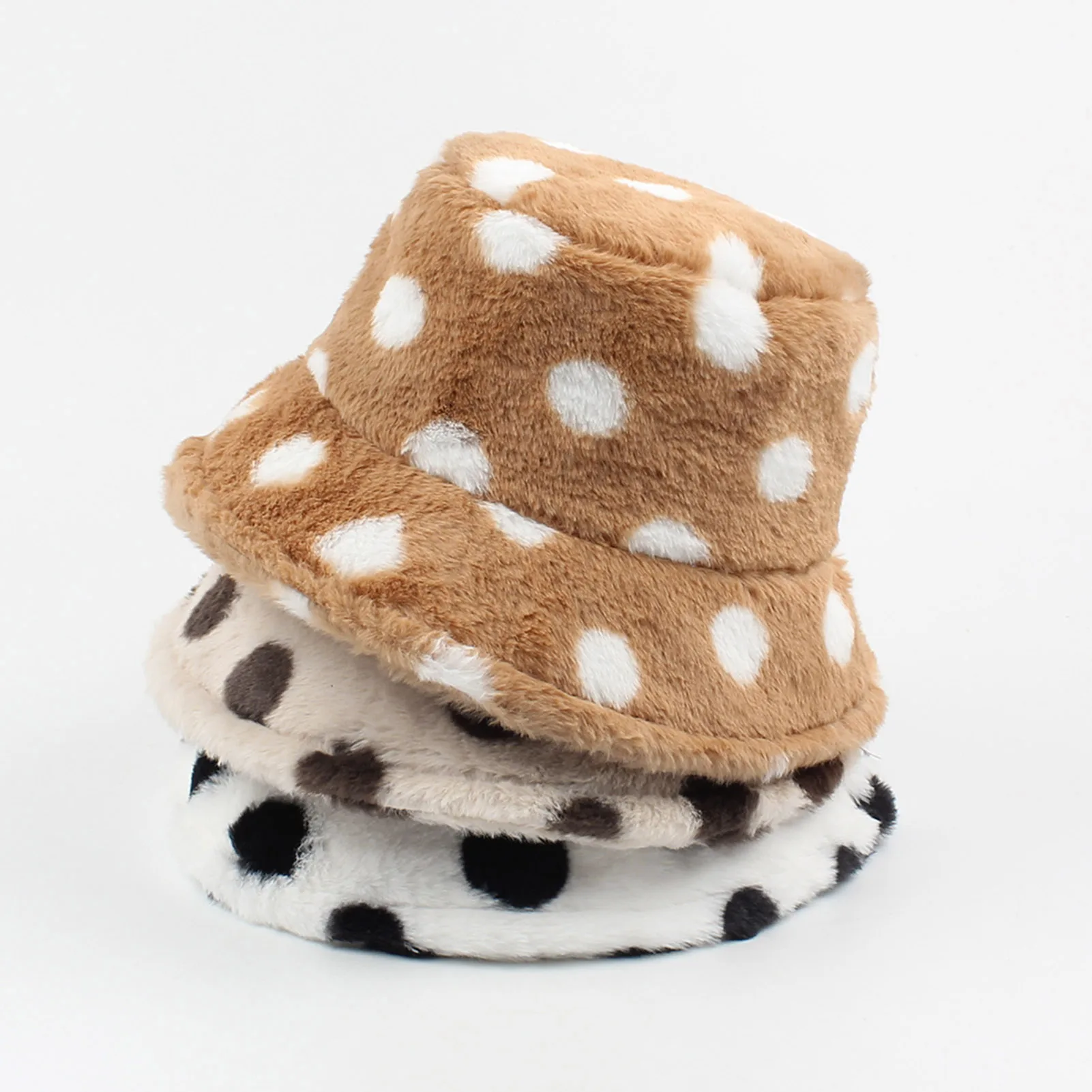 Women Bucket Hat Faux Fur Fluffy Polka Dots Wide Brim Sunbonnet Autumn Winter Casual Cap Spotted Fisherman Bonnet