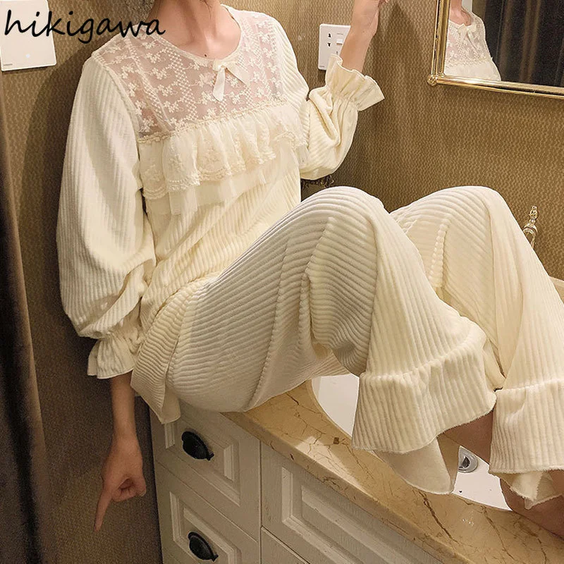 Пижама Hikigawa в стиле принцессы Женская осенне-зимняя Милая утепленная фланелевая