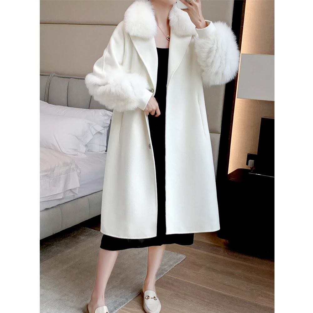 JAZZEVAR Winter Parka Women Luxurious Large Sliver Fox Fur Collar Outerwear Ladies Swallow Gird Cashmere Double Faced Wool Coat enlarge