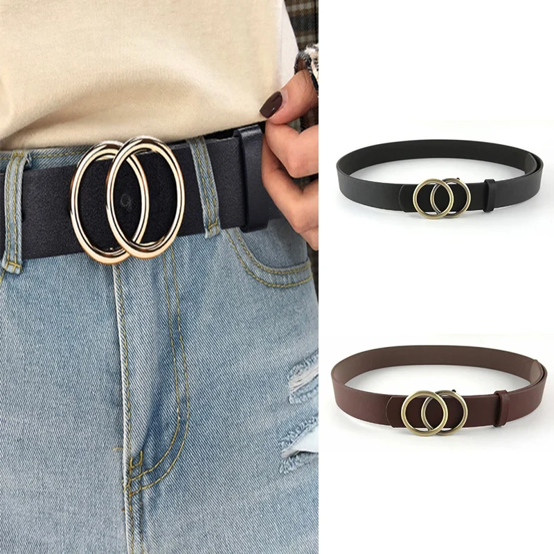 

Double Ring Buckle Belt Fashion PU Leather For Ladies Leisure Jeans Waistband