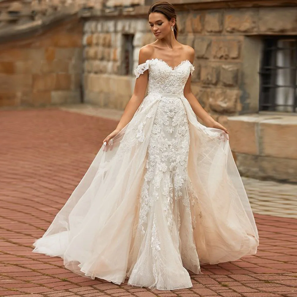 

Vestido De Novia Sirena Tulle Mermaid Wedding Dress with Detachable Train Suknia Slubna Backless Fashion Robe De Mariee