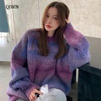 harajuku purple gradient knitted sweater women loose autumn winter thick warm long sleeved mid length pullover youth fashion top